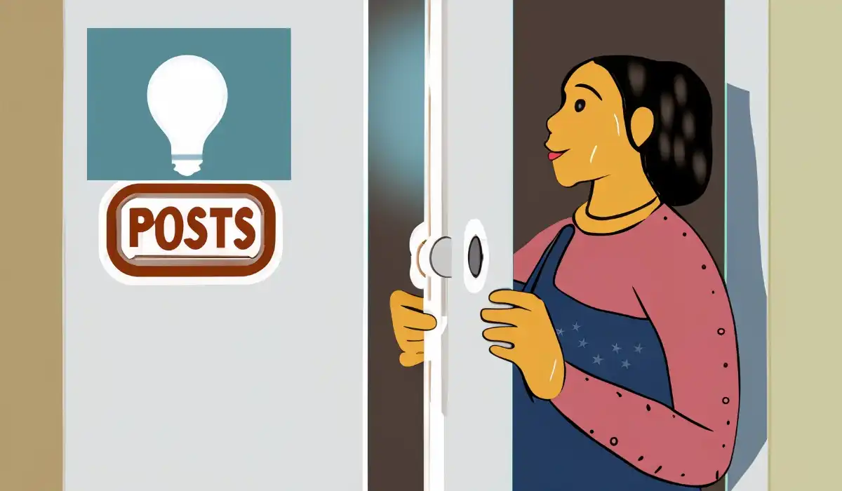 Mulher abrindo uma porta com a placa "POSTS"